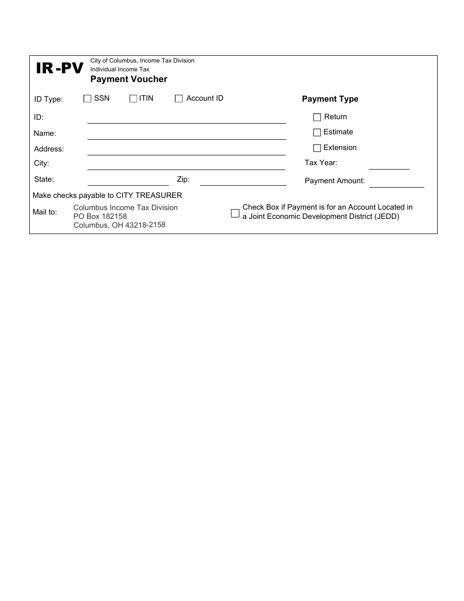 Form IR -PV Individual Income Tax Payment Voucher - City of Columbus, Ohio, Page 1