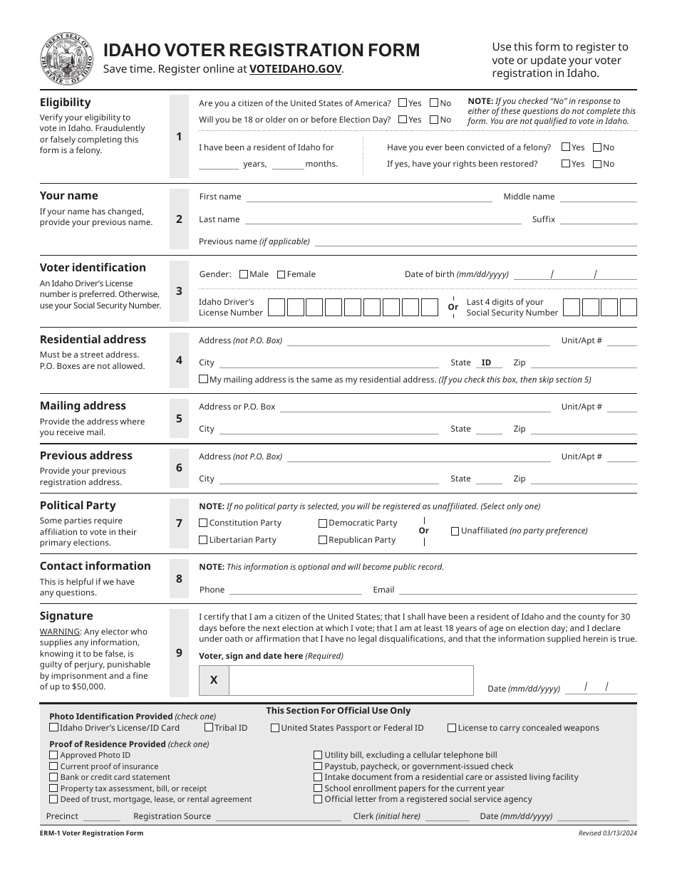Form ERM-1 Idaho Voter Registration Form - Idaho, Page 1