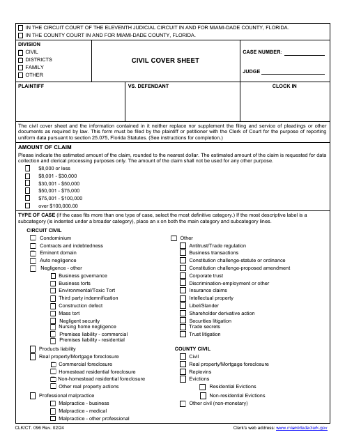 Form CLK/CT.096 Civil Cover Sheet - Miami-Dade County, Florida