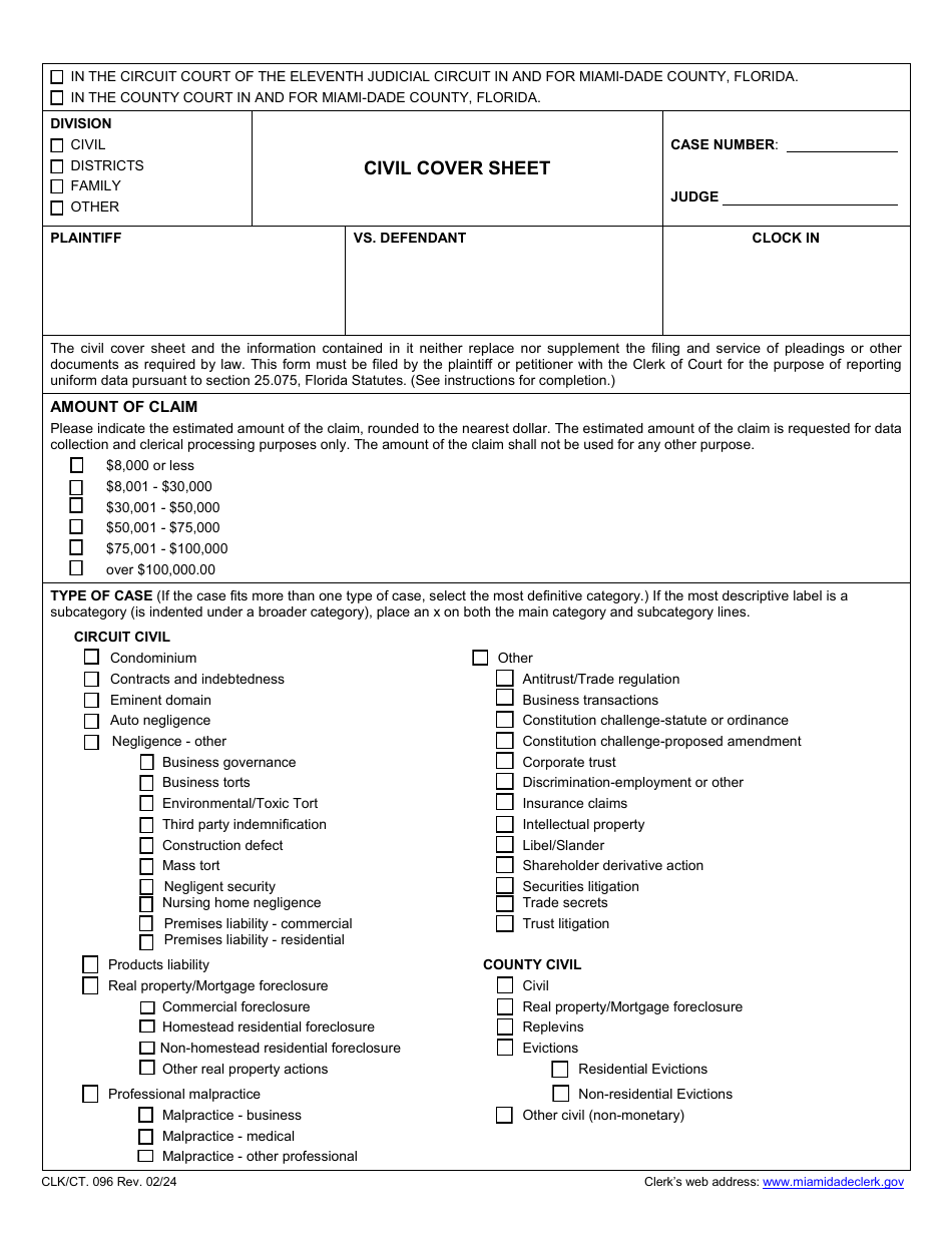 Form CLK / CT.096 Civil Cover Sheet - Miami-Dade County, Florida, Page 1