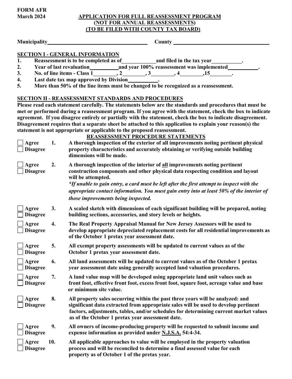 Form AFR Application for Full Reassessment Program (Not for Annual Reassessments) - New Jersey, Page 1