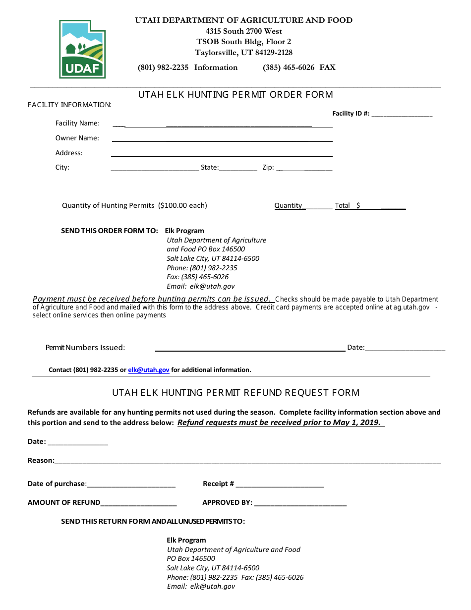 Utah Elk Hunting Permit Order Form - Utah, Page 1