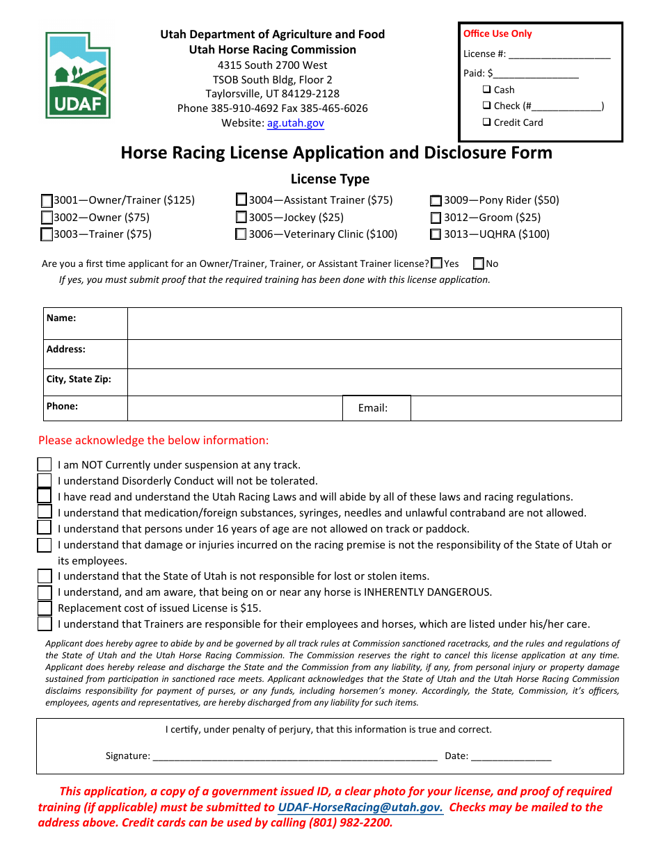 Utah Horse Racing License Application and Disclosure Form Fill Out, Sign Online and Download