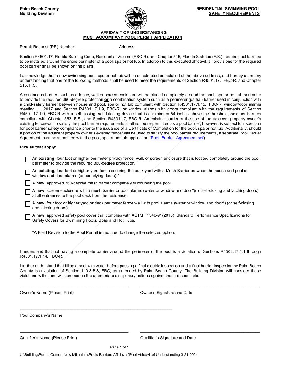 Palm Beach County, Florida Affidavit of Understanding Residential