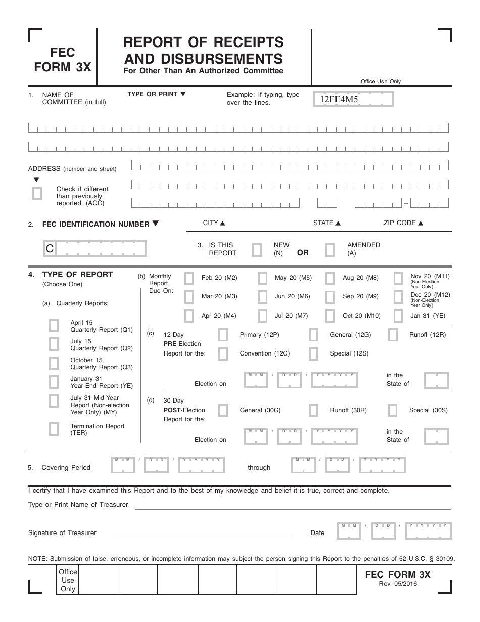 FEC Form 3X Report of Receipts and Disbursements, Page 1