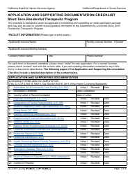 Document preview: Form LIC281E Application and Supporting Documentation Checklist - Short-Term Residential Therapeutic Program - California