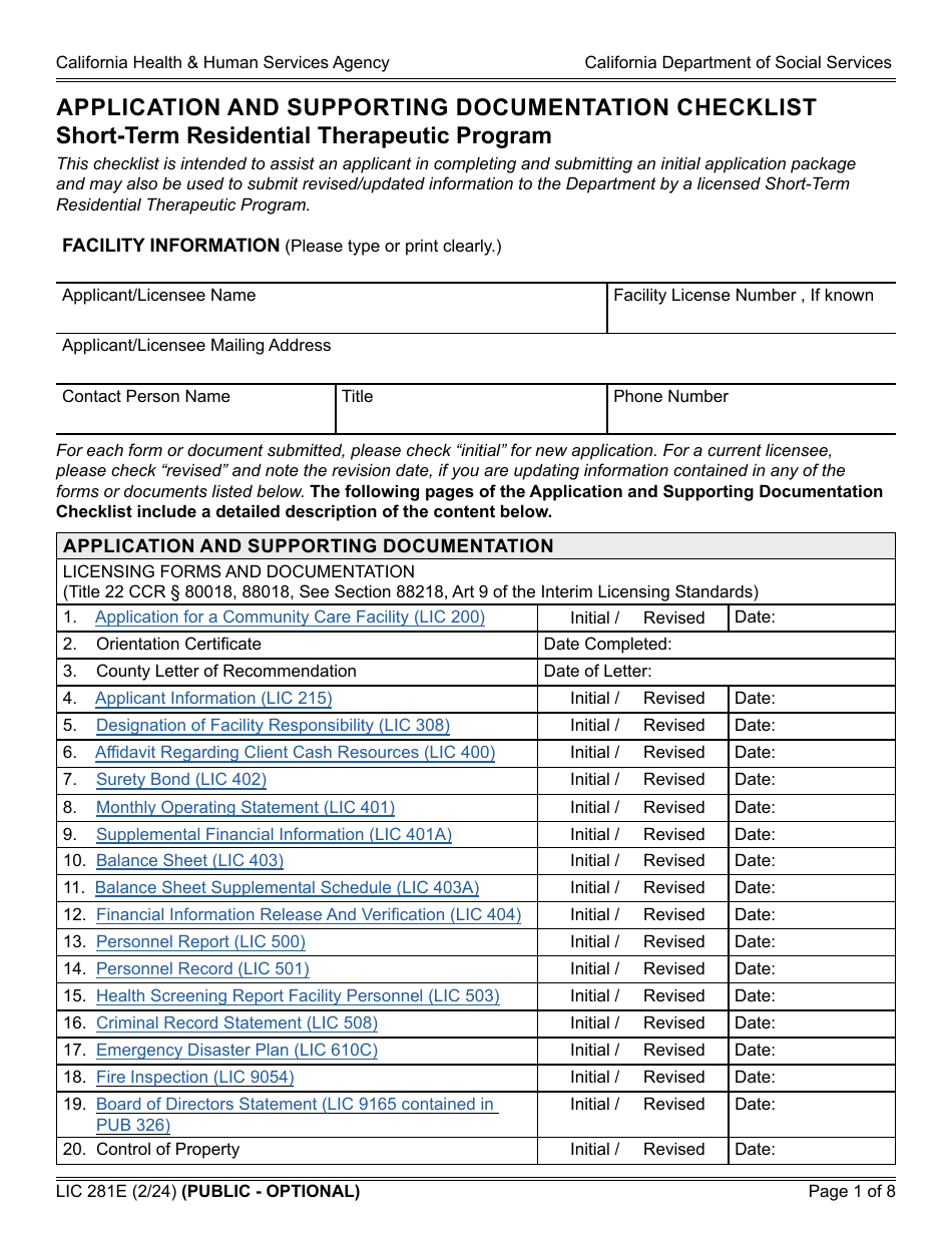Form LIC281E Application and Supporting Documentation Checklist - Short-Term Residential Therapeutic Program - California, Page 1