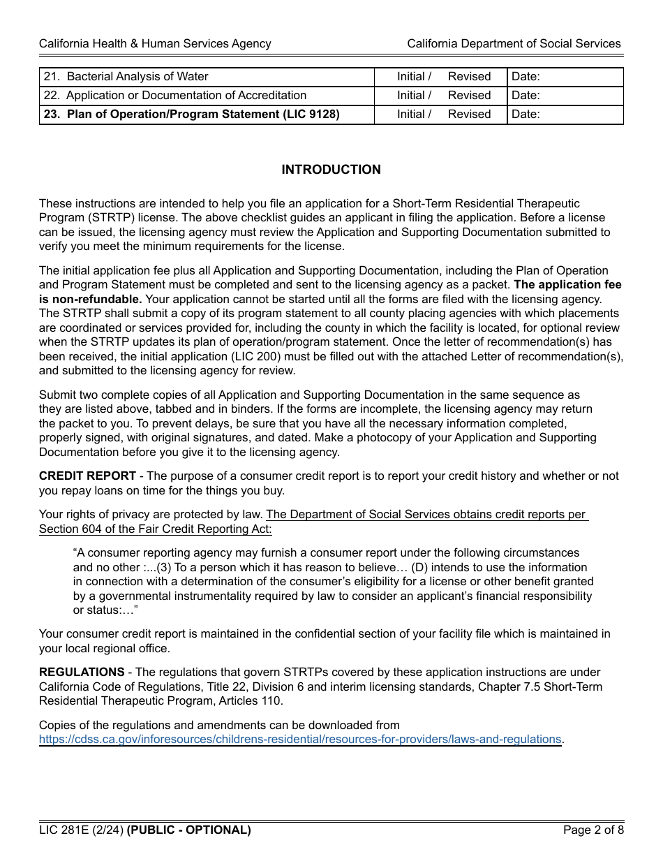 Form LIC281E Application and Supporting Documentation Checklist - Short-Term Residential Therapeutic Program - California, Page 2