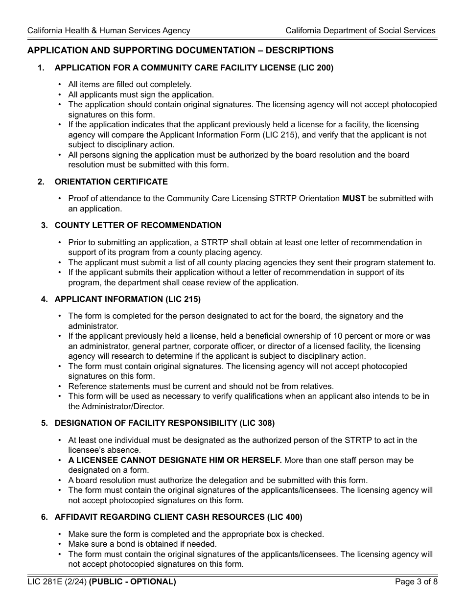 Form LIC281E Application and Supporting Documentation Checklist - Short-Term Residential Therapeutic Program - California, Page 3