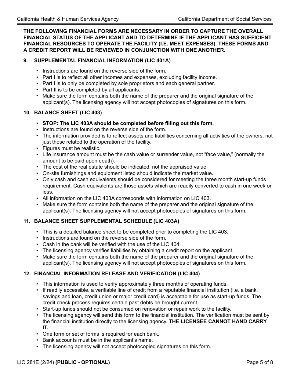 Form LIC281E Application and Supporting Documentation Checklist - Short-Term Residential Therapeutic Program - California, Page 5