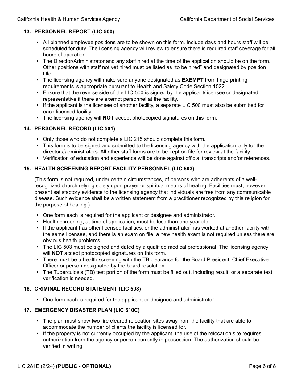 Form LIC281E Application and Supporting Documentation Checklist - Short-Term Residential Therapeutic Program - California, Page 6