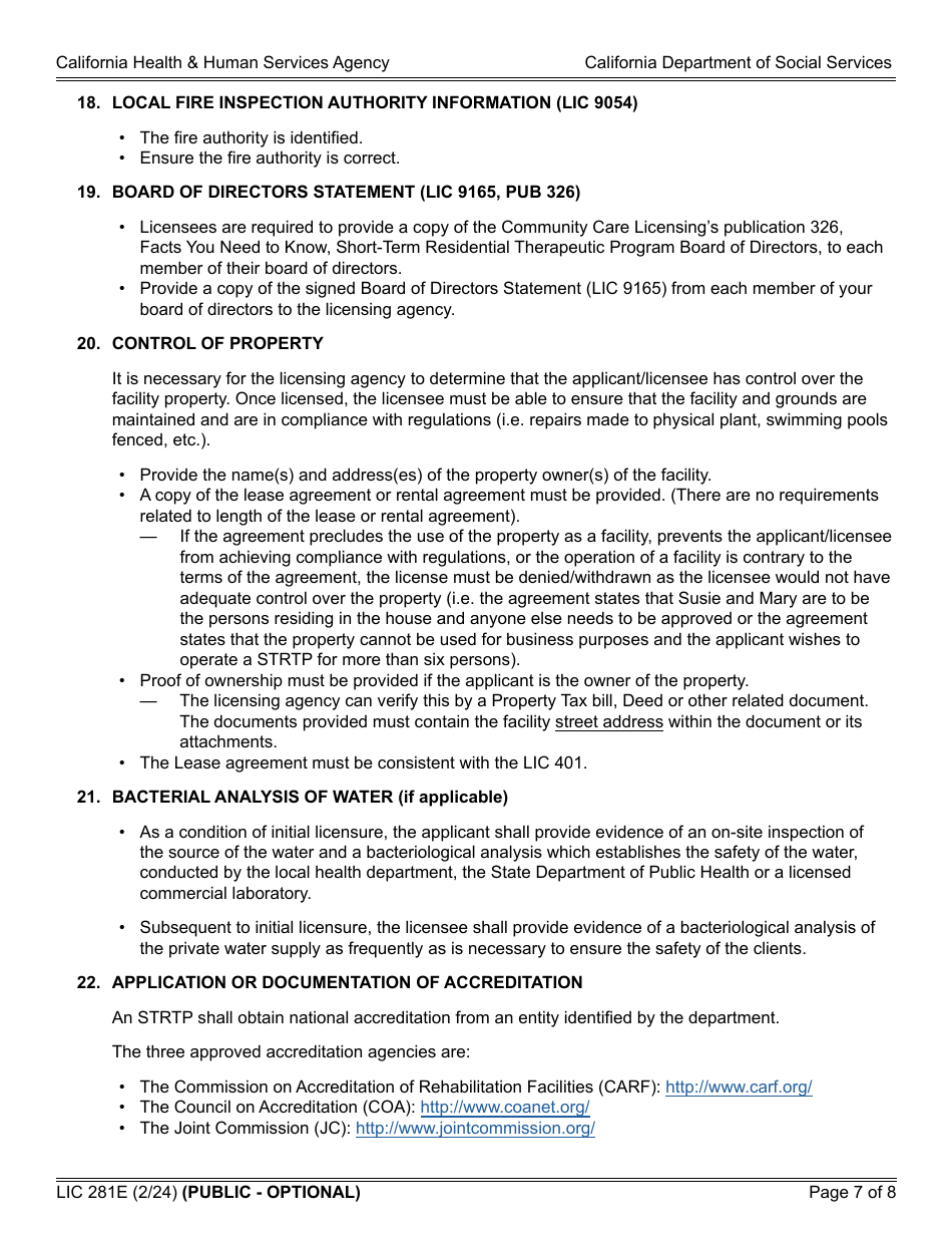 Form LIC281E Application and Supporting Documentation Checklist - Short-Term Residential Therapeutic Program - California, Page 7