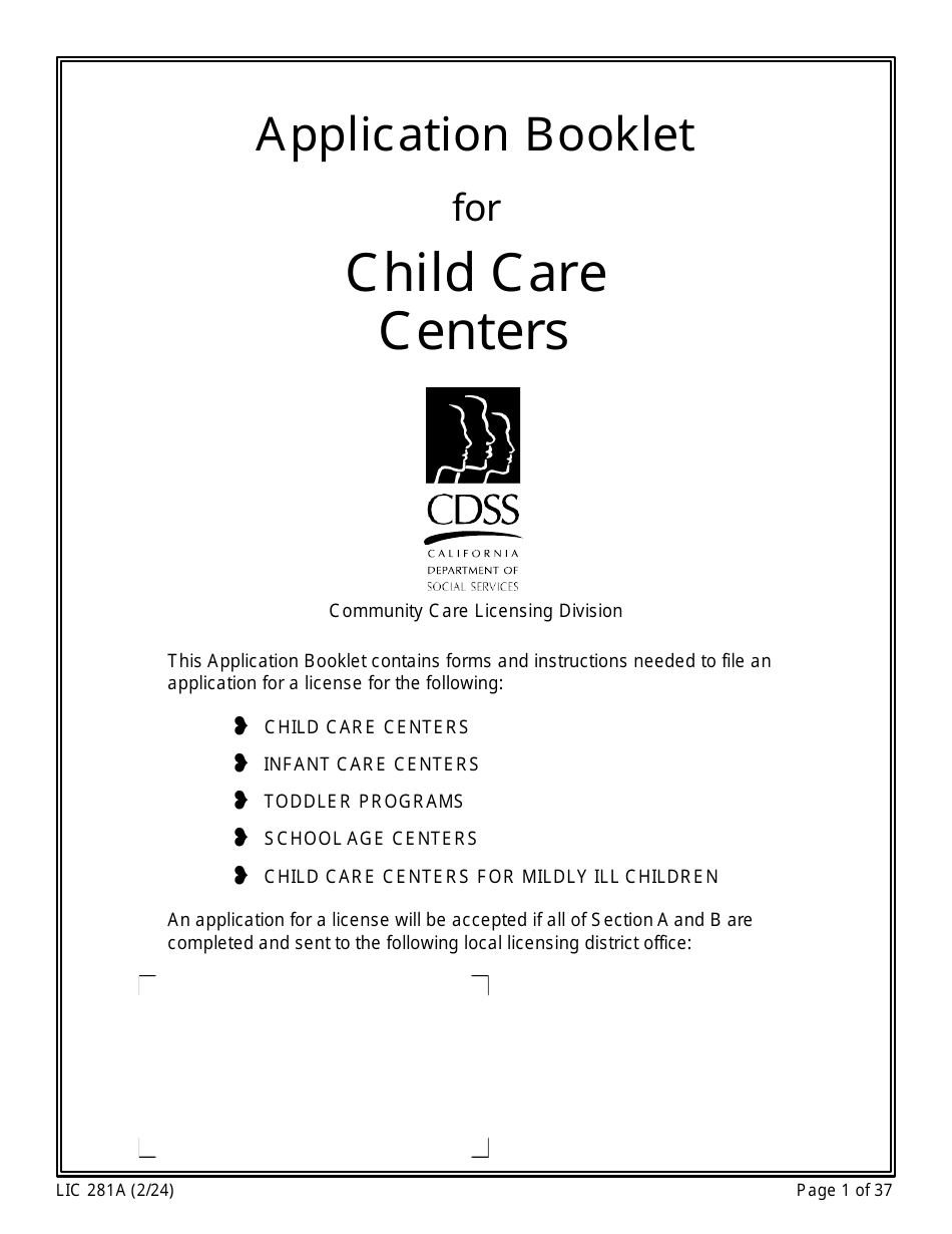 Form LIC281A Application Booklet for Child Care Centers - California, Page 1