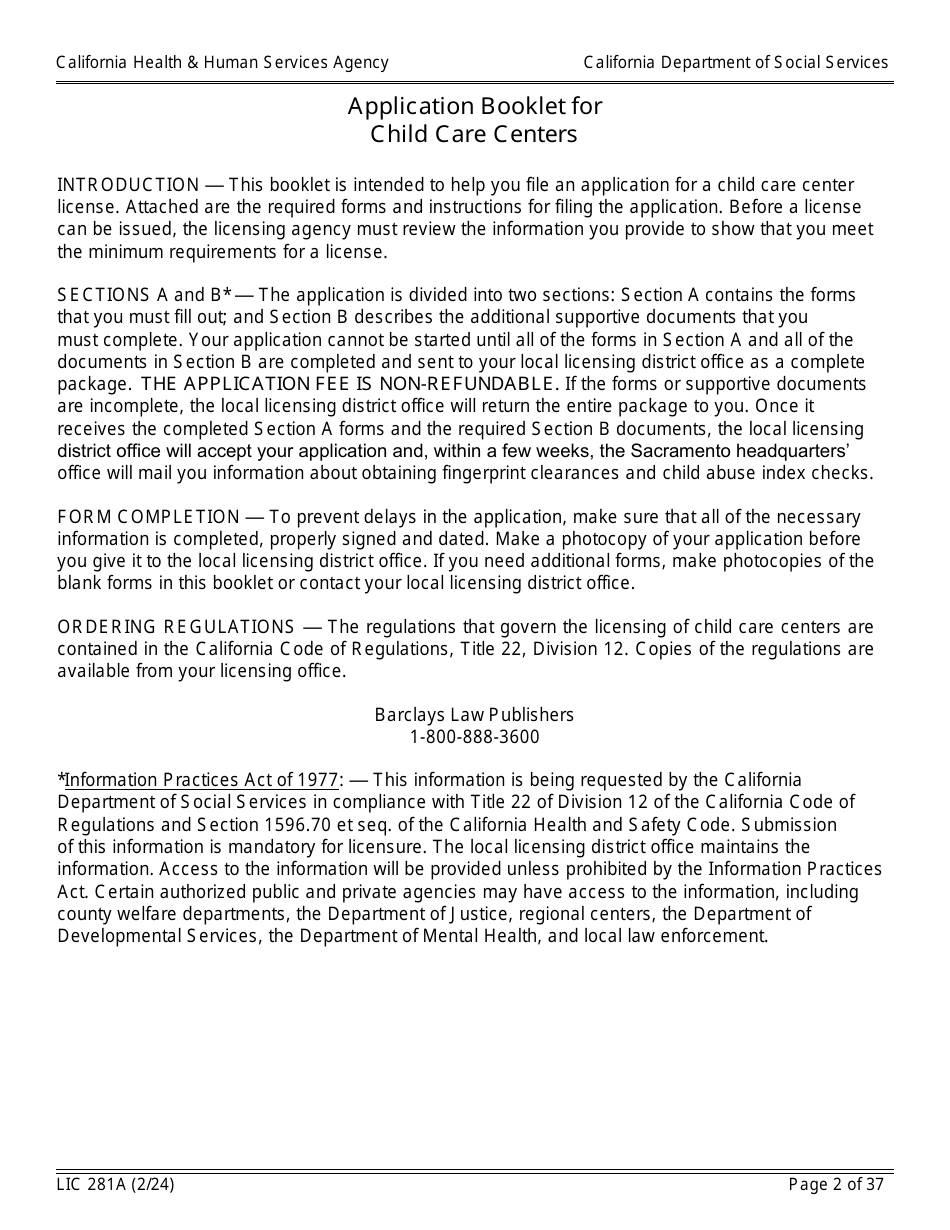 Form LIC281A Application Booklet for Child Care Centers - California, Page 2