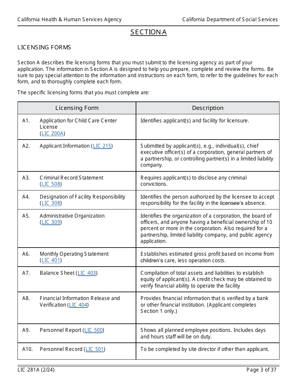 Form LIC281A Application Booklet for Child Care Centers - California, Page 3