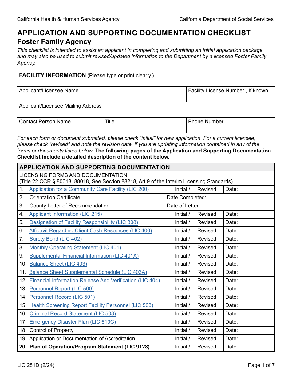 Form LIC281D Application and Supporting Documentation Checklist - Foster Family Agency - California, Page 1