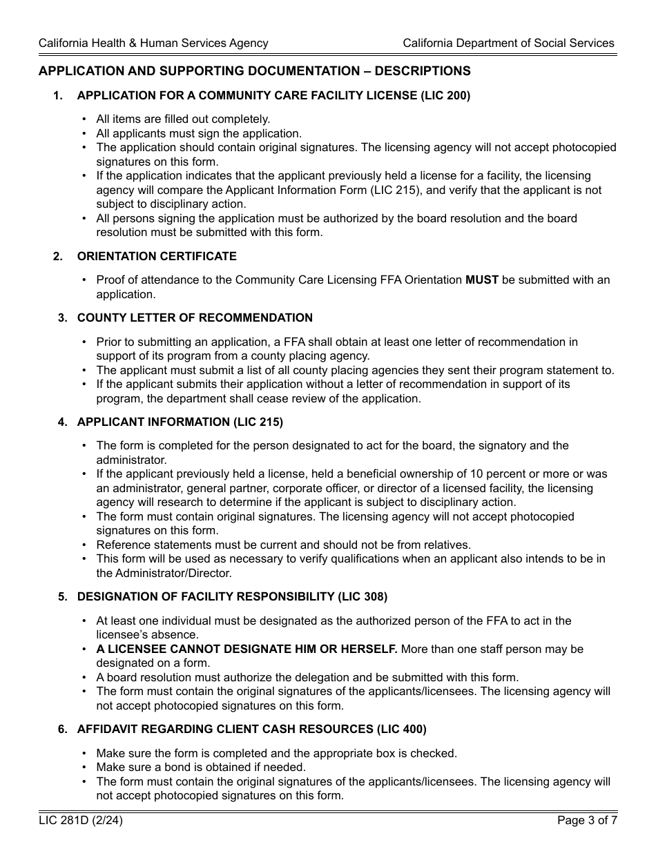 Form LIC281D Application and Supporting Documentation Checklist - Foster Family Agency - California, Page 3