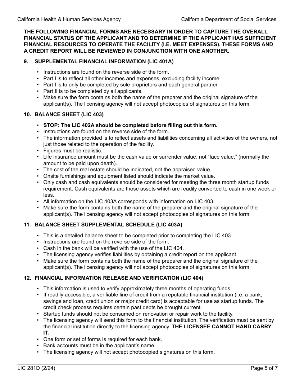 Form LIC281D Application and Supporting Documentation Checklist - Foster Family Agency - California, Page 5