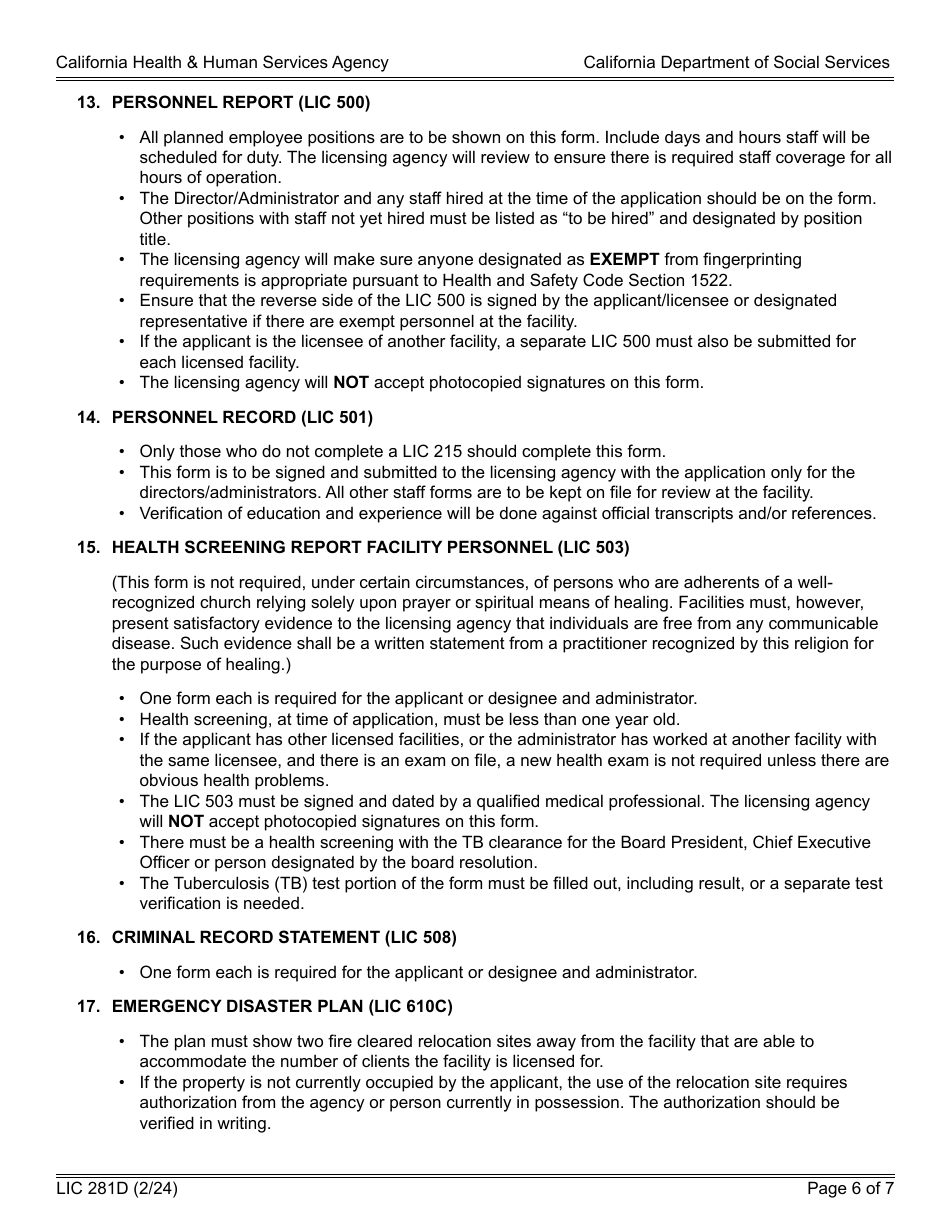 Form LIC281D Application and Supporting Documentation Checklist - Foster Family Agency - California, Page 6