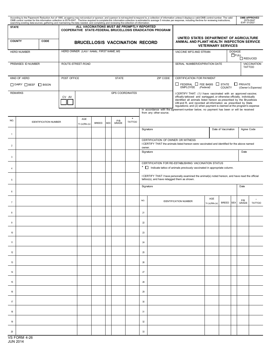 VS Form 4-26 Brucellosis Vaccination Record, Page 1