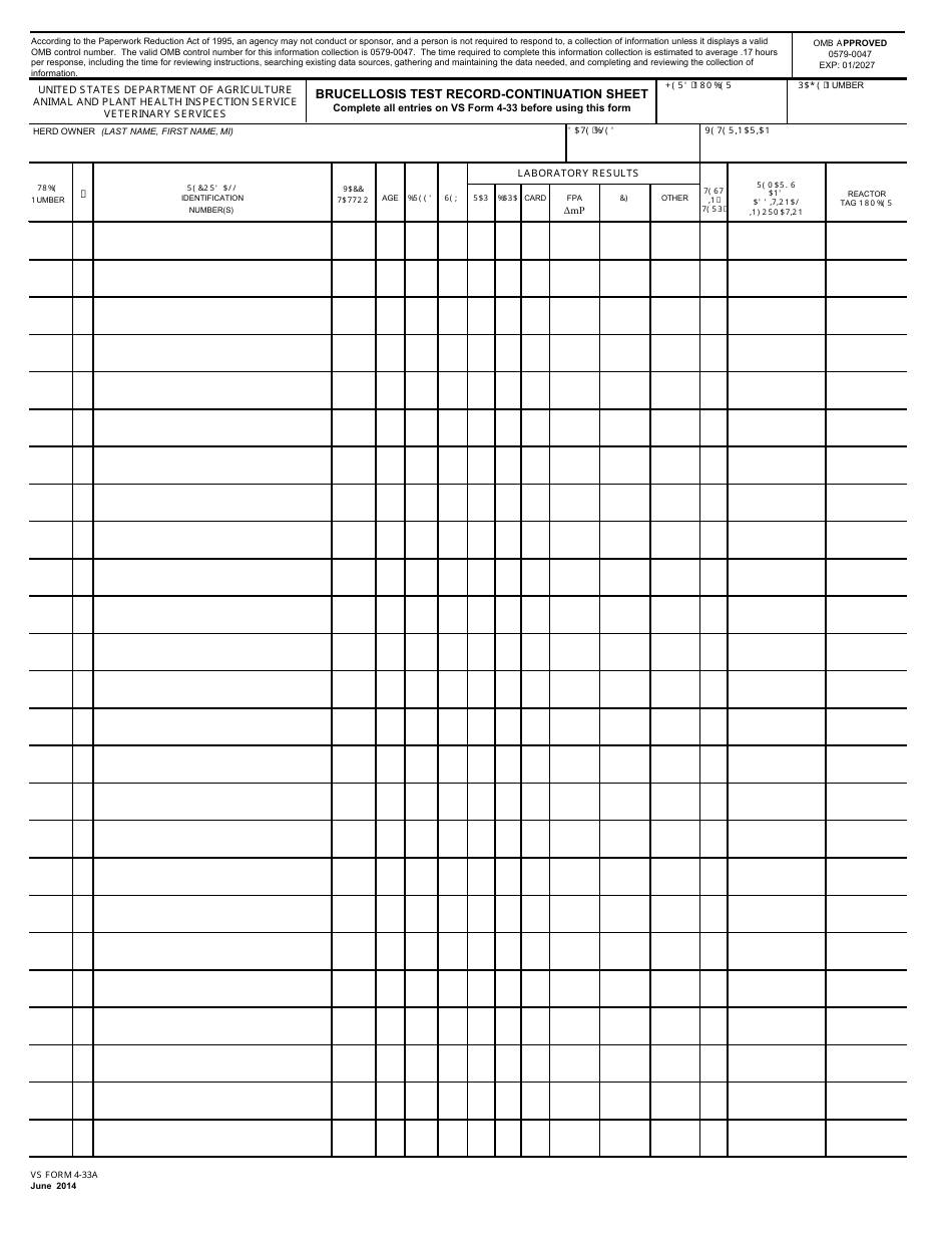 VS Form 4-33A Brucellosis Test Record - Continuation Sheet, Page 1