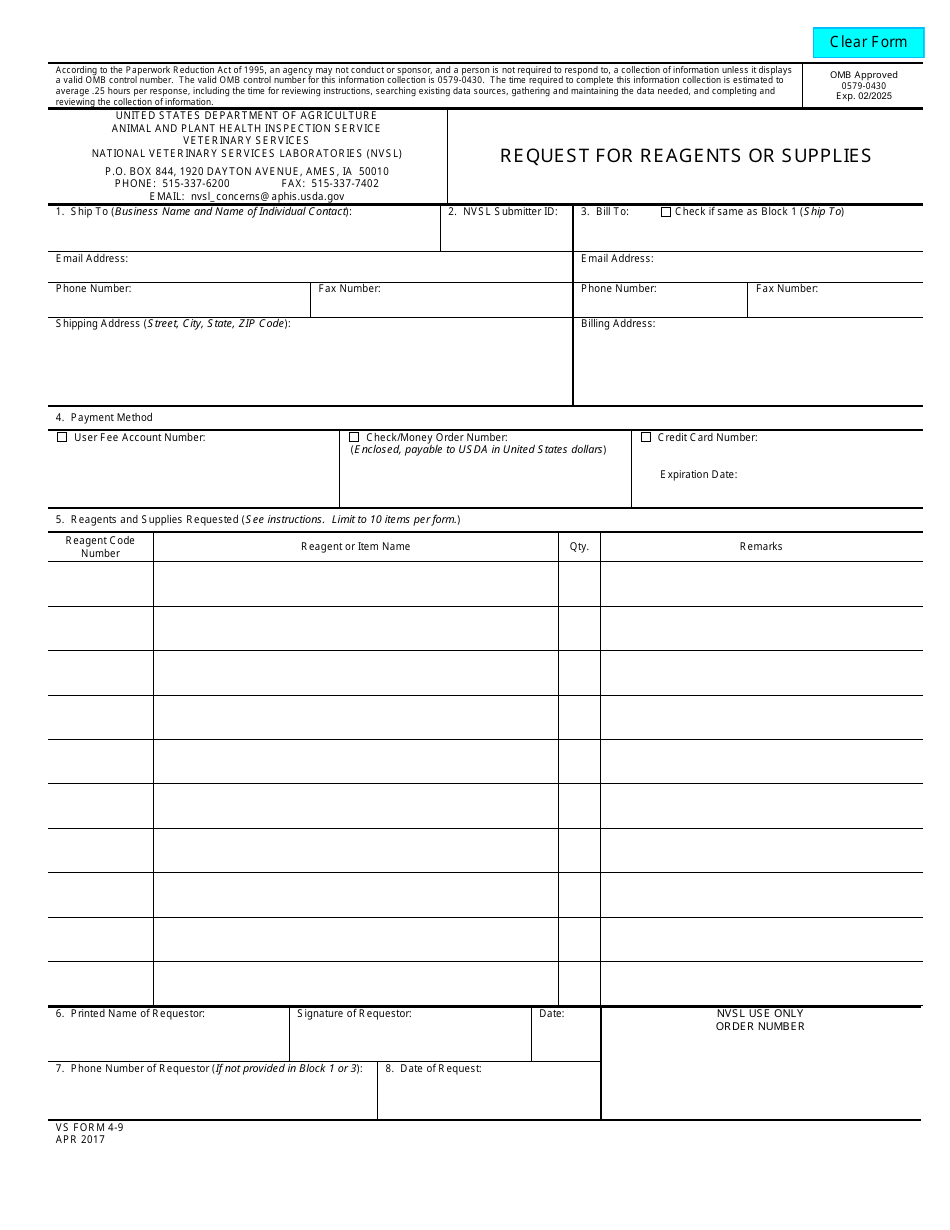 VS Form 4-9 Request for Reagents or Supplies, Page 1