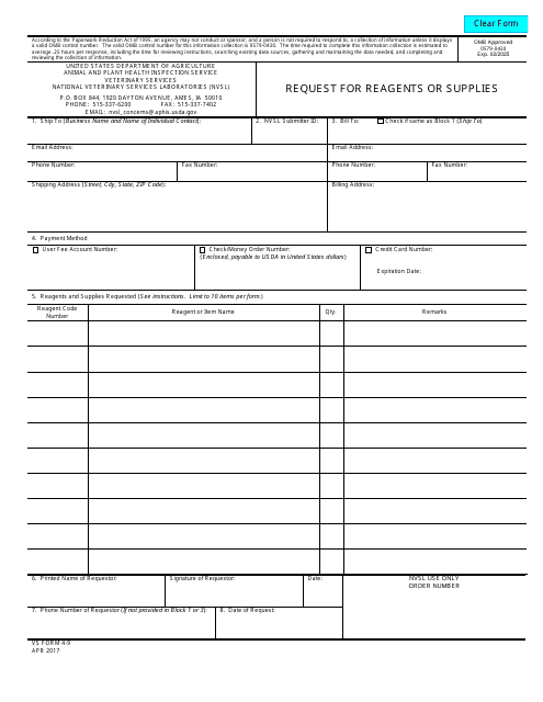 VS Form 4-9 Request for Reagents or Supplies