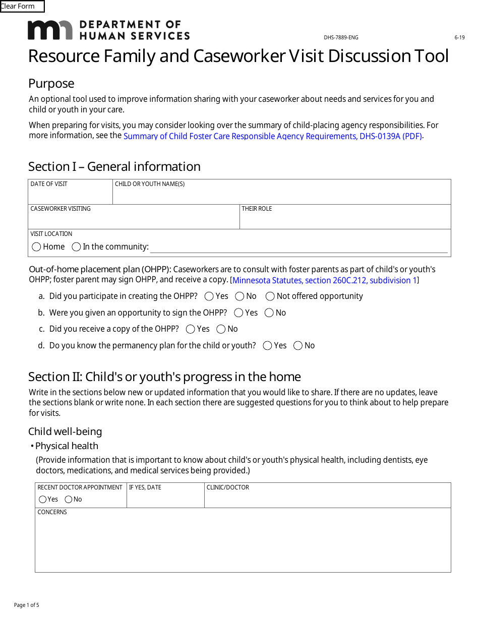 Form DHS-7889-ENG Resource Family and Caseworker Visit Discussion Tool - Minnesota, Page 1