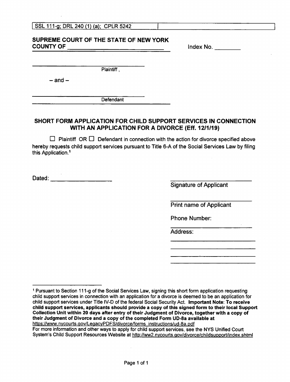 Short Form Application for Child Support Services in Connection With an Application for a Divorce - New York, Page 1
