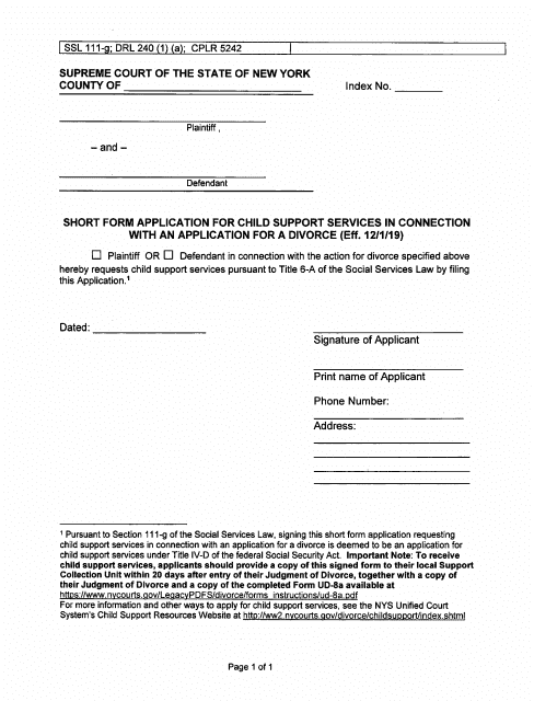 Short Form Application for Child Support Services in Connection With an Application for a Divorce - New York