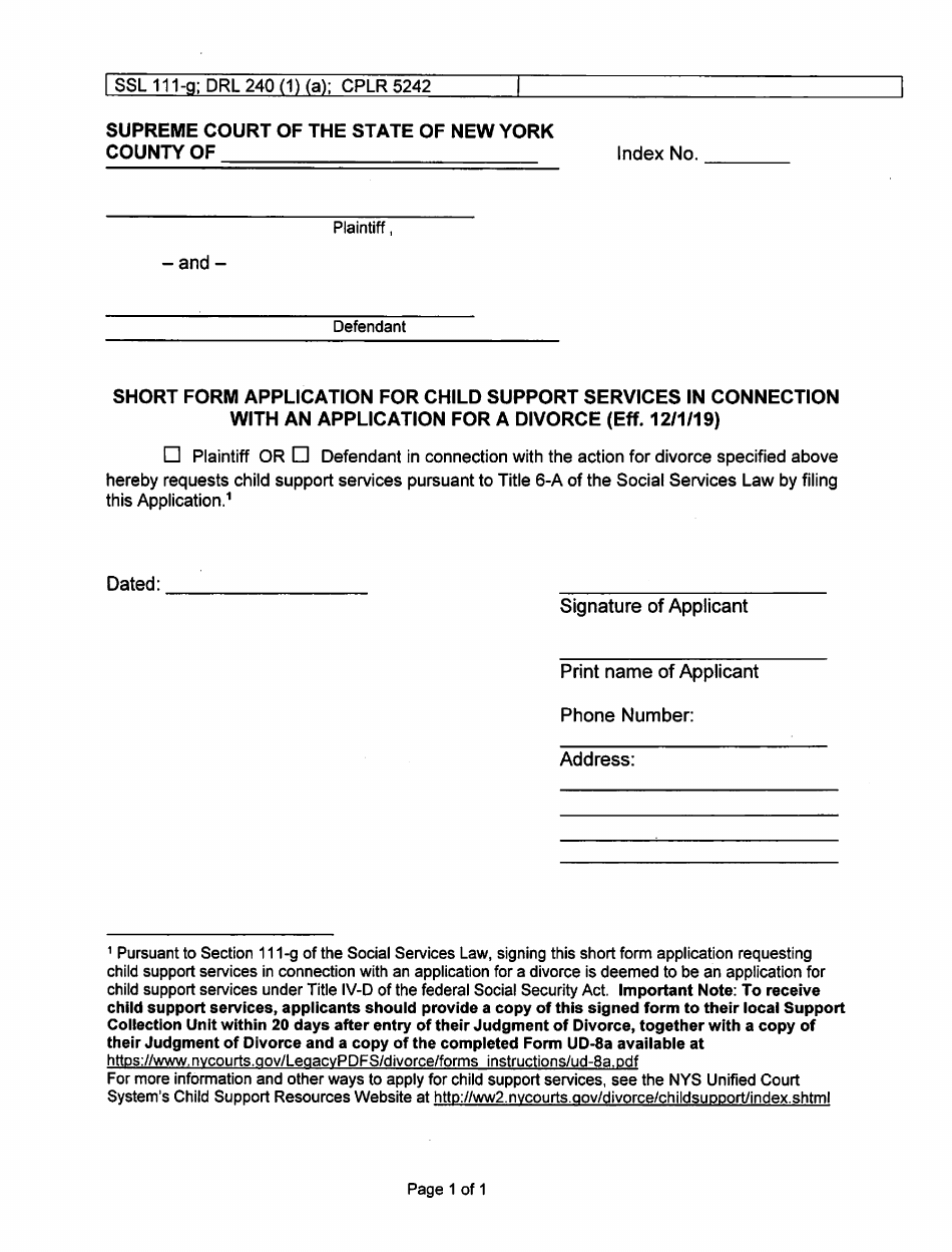 New York Short Form Application for Child Support Services in