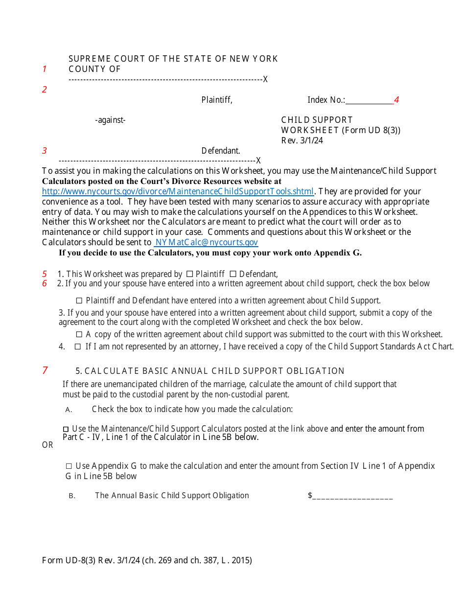 Form UD-8(3) Child Support Worksheet - New York, Page 1