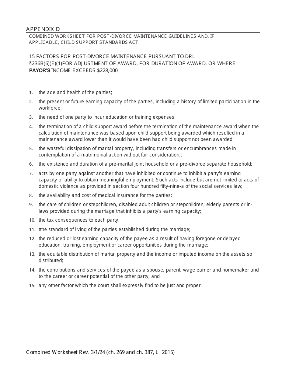 Combined Worksheet for-Postdivorce Maintenance Guidelines and, if Applicable, Child Support Standards Act (For Contested Cases) - New York, Page 13