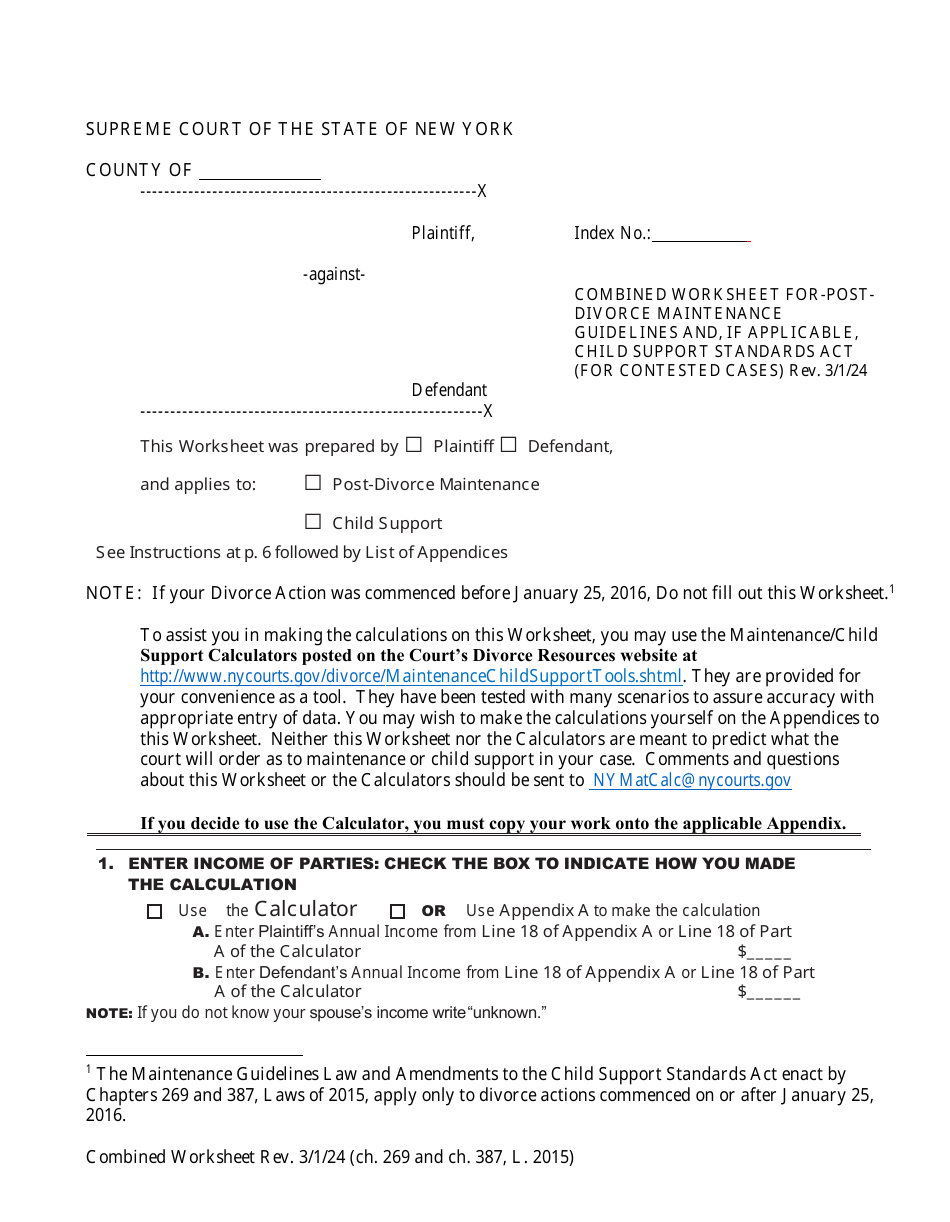 Combined Worksheet for-Postdivorce Maintenance Guidelines and, if Applicable, Child Support Standards Act (For Contested Cases) - New York, Page 1