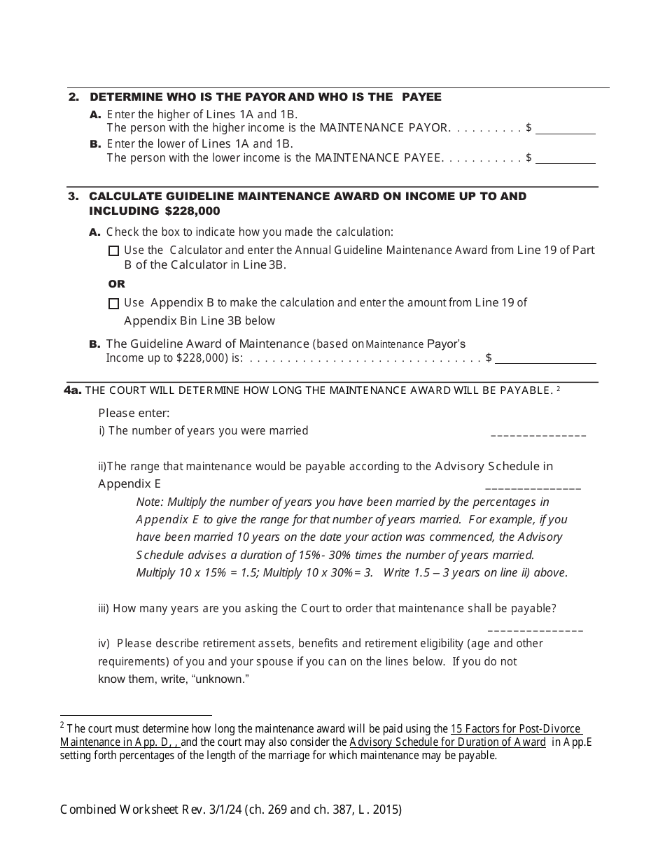 Combined Worksheet for-Postdivorce Maintenance Guidelines and, if Applicable, Child Support Standards Act (For Contested Cases) - New York, Page 2