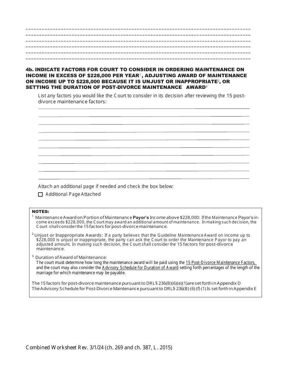 Combined Worksheet for-Postdivorce Maintenance Guidelines and, if Applicable, Child Support Standards Act (For Contested Cases) - New York, Page 3