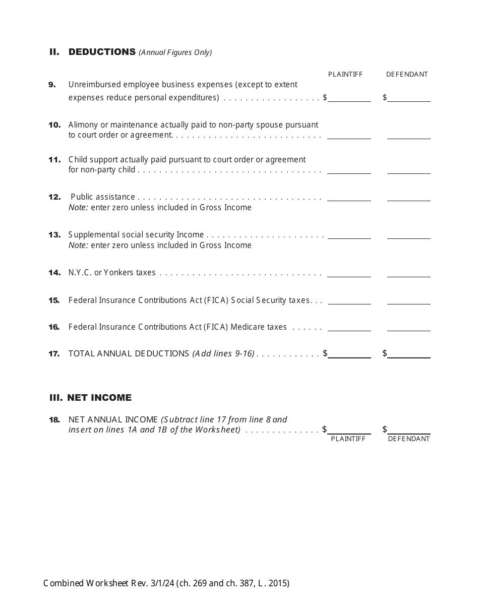 Combined Worksheet for-Postdivorce Maintenance Guidelines and, if Applicable, Child Support Standards Act (For Contested Cases) - New York, Page 9