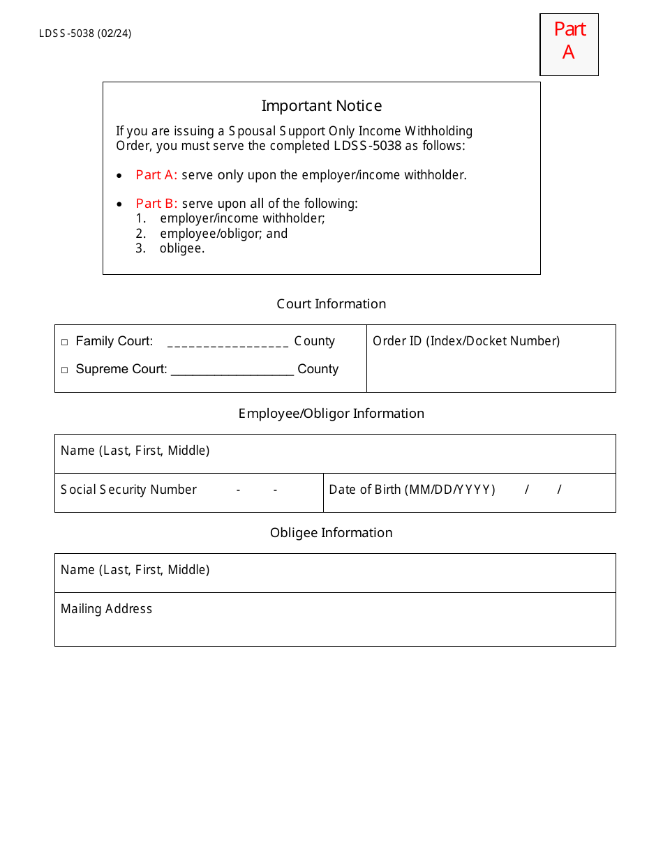 Form LDSS-5038 Spousal Support Only Income Withhholding Order / Notice for Support - New York, Page 1