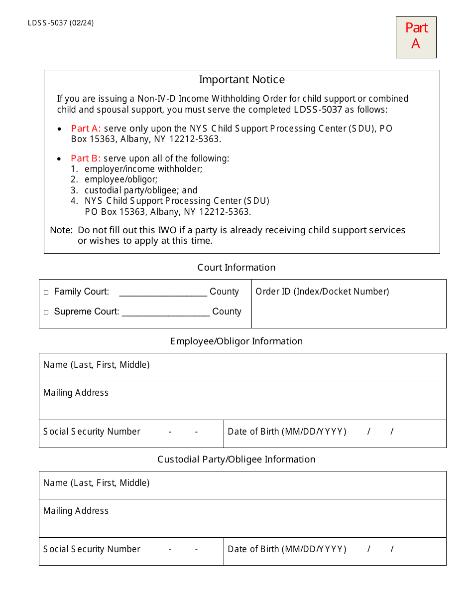 Form LDSS-5037 Non-IV-D Income Withholding Order / Notice for Support - New York, Page 1