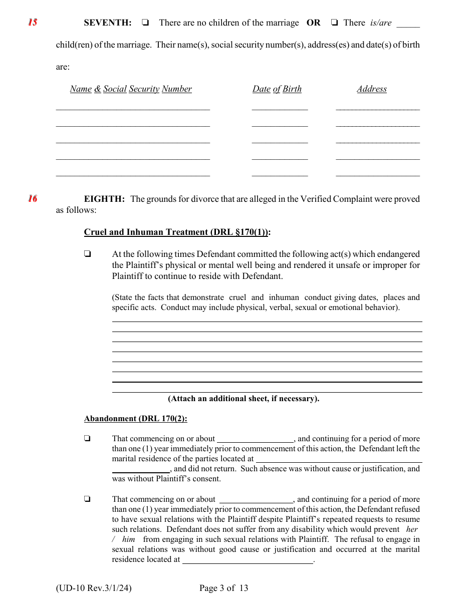Form UD-10 Findings of Fact and Conclusions of Law - New York, Page 3