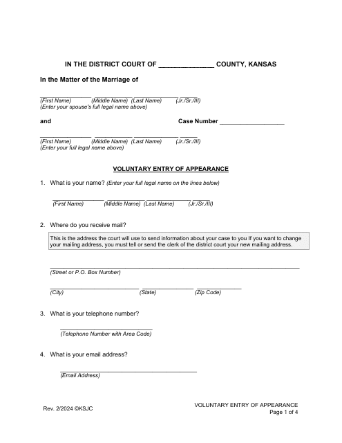 Voluntary Entry of Appearance - Kansas Download Pdf