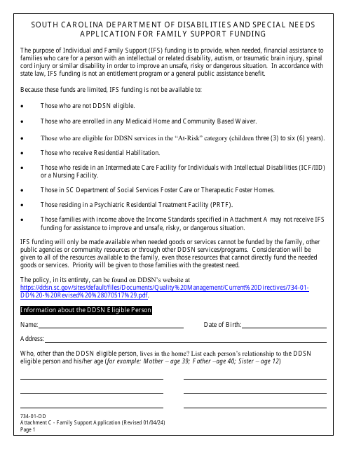 Form 734-01-DD Attachment C Application for Family Support Funding - South Carolina