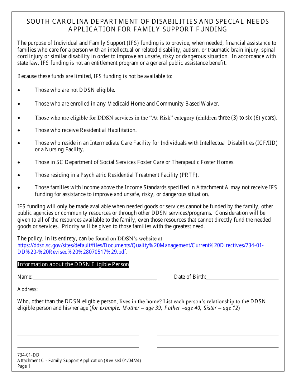 Form 734-01-DD Attachment C Application for Family Support Funding - South Carolina, Page 1