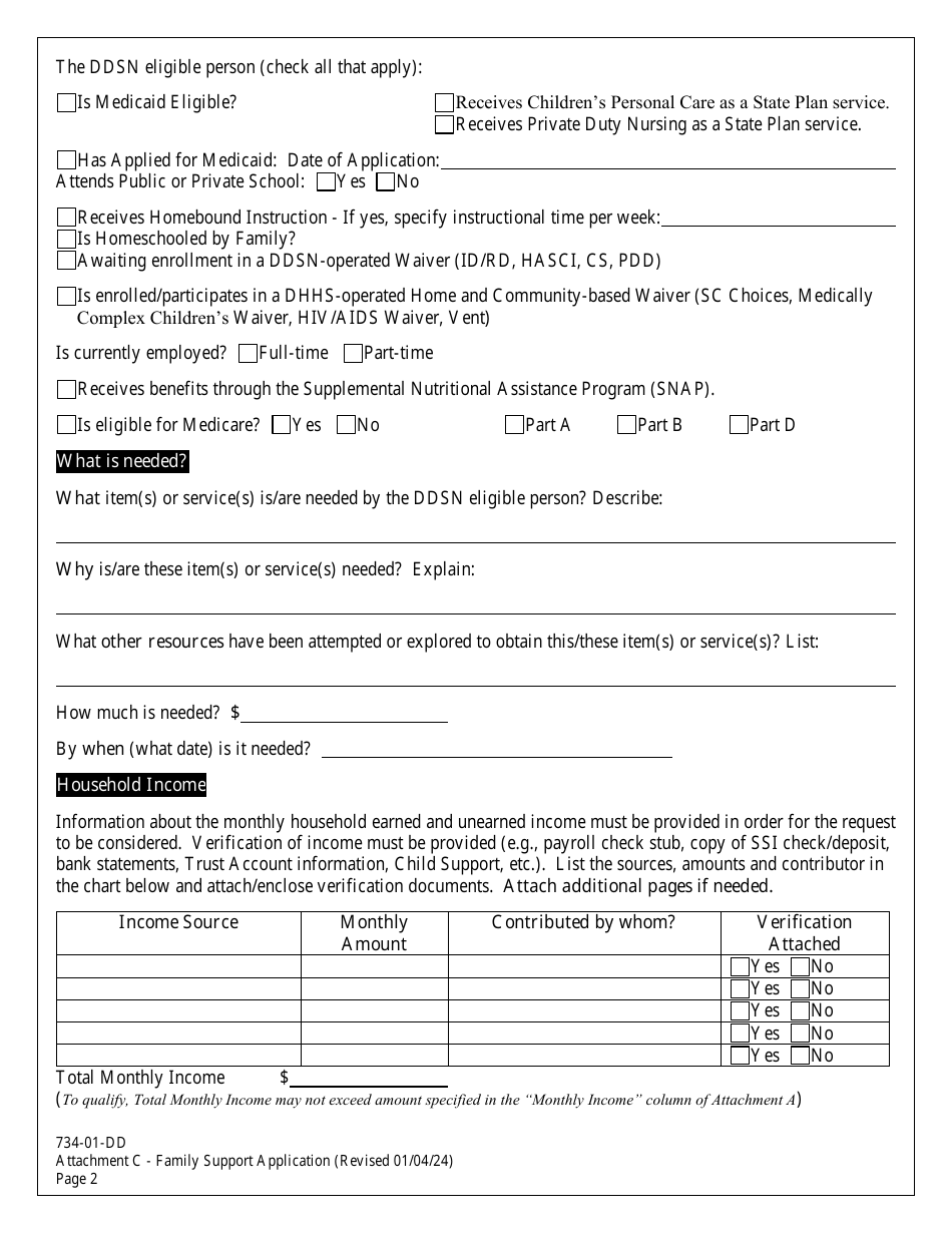 Form 734-01-DD Attachment C Application for Family Support Funding - South Carolina, Page 2