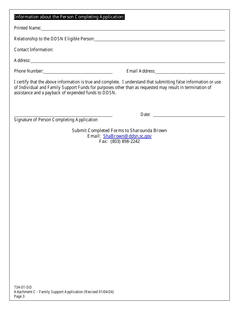 Form 734-01-DD Attachment C Application for Family Support Funding - South Carolina, Page 3