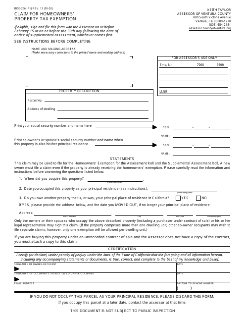 Form BOE-266 Claim for Homeowners' Property Tax Exemption - Ventura County, California (English/Spanish)