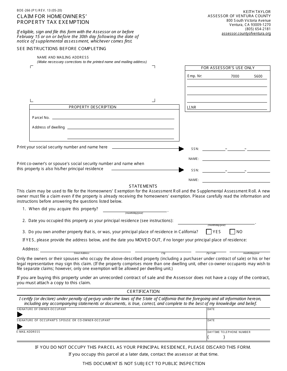 Form BOE-266 Claim for Homeowners Property Tax Exemption - Ventura County, California (English / Spanish), Page 1