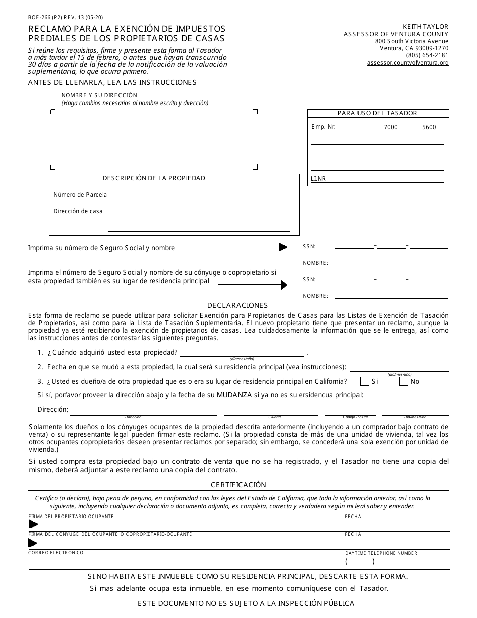 Form BOE-266 Claim for Homeowners Property Tax Exemption - Ventura County, California (English / Spanish), Page 2