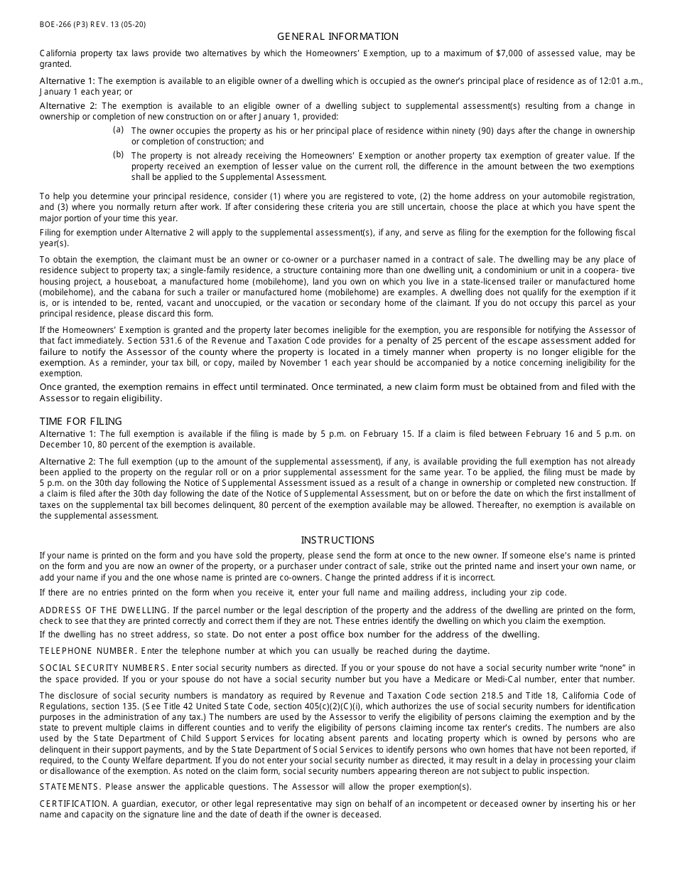 Form BOE-266 Claim for Homeowners Property Tax Exemption - Ventura County, California (English / Spanish), Page 3