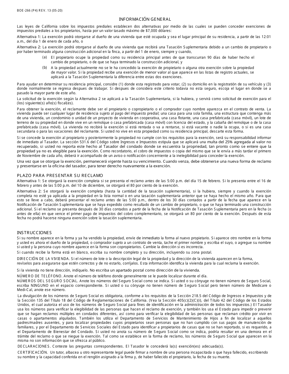 Form BOE-266 Claim for Homeowners Property Tax Exemption - Ventura County, California (English / Spanish), Page 4